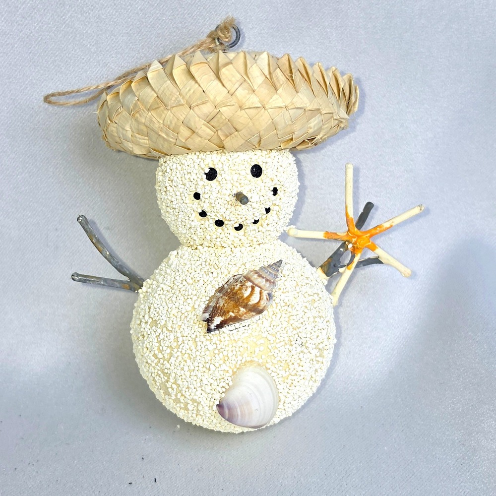 Beach Snowman Christmas Ornament Coastal Nautical Seashell Straw Hat 3.5 Inch